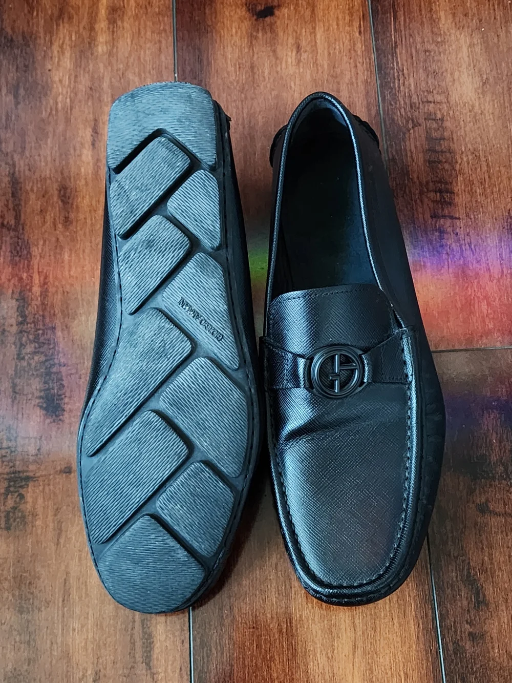 Giorgio Armani Black Leather Logo Driver Loafers Men's Size 8
